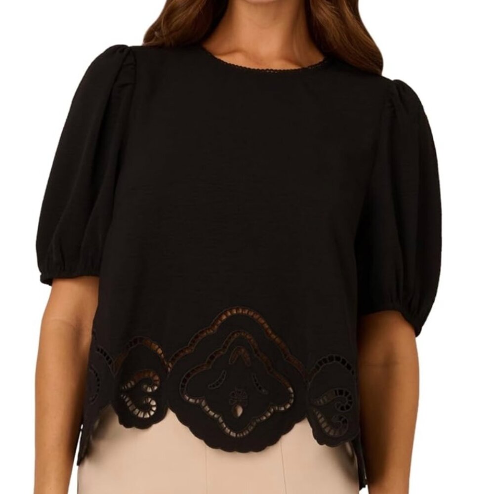 Adrianna Papell Black Blouse with Scalloped Hem